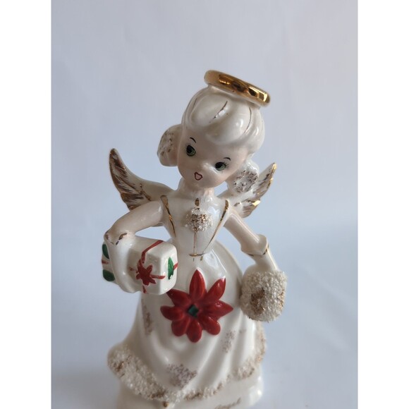 Vintage Angel Figurine Christmas December Poinsettia Shopper Knobler Ceramic - Picture 3 of 6